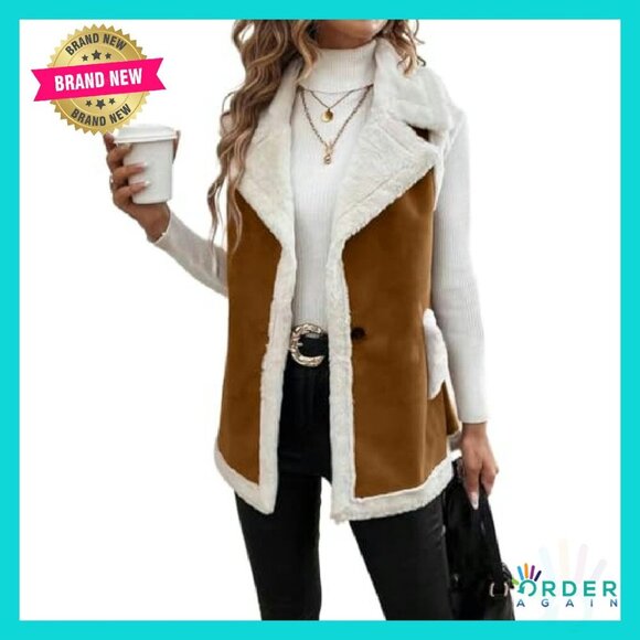 Faux Fur Sherpa Vest Sleeveless Suede Jacket Chic Warm Winter Outerwear - Picture 2 of 6